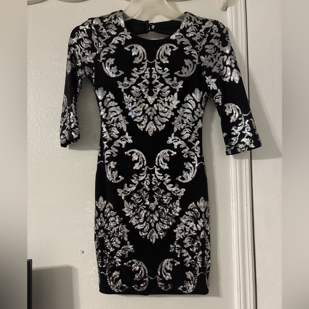 B Darlin Black and Silver Half Sleeve Dress